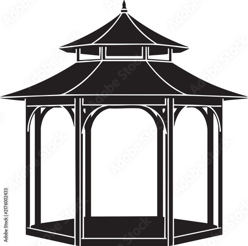 Black silhouette of a multi tiered pagoda gazebo building structure