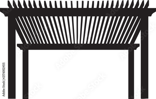 Black silhouette of a garden pergola with wooden beams and posts