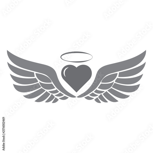 Black stylized angel wings with a halo above, a simple graphic illustration on a white background, representing divinity and spirituality. eps10