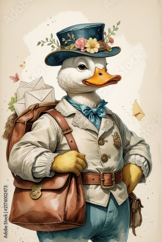 An anthropomorphic white goose in a postman's suit and hat decorated with flowers stands with a large leather bag full of letters.