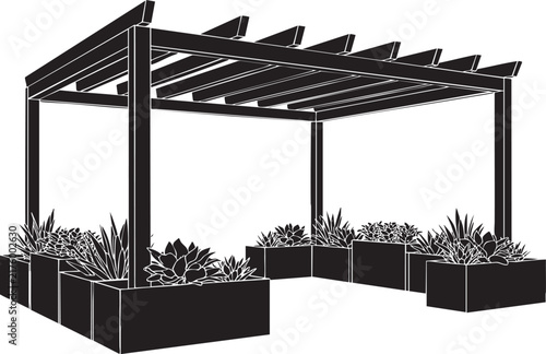 Pergola silhouette with planter boxes and foliage in garden setting
