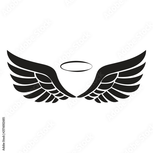 Black stylized angel wings with a halo above, a simple graphic illustration on a white background, representing divinity and spirituality. eps10