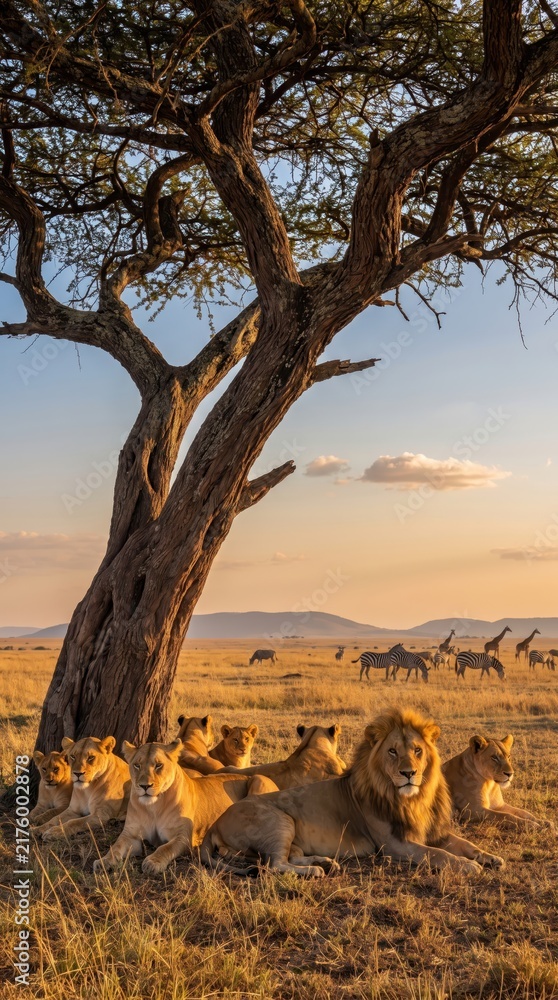 Fototapeta premium pride of lions resting under acacia tree on african savanna at sunset. male lion and lionesses in dry grass. zebras in background. wildlife safari, travel destination, nature conservation. copyspace.