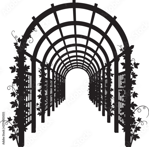 Black silhouette of a garden archway covered with climbing plants