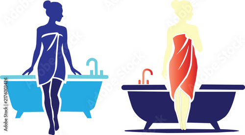 Stylized woman silhouette standing beside a bathtub wrapped in a towel with female figure body care self care daily routine flat design white background bathroom relaxation wellness