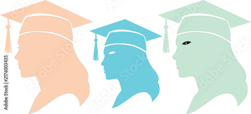 Three colorful silhouette profiles of graduates wearing graduation caps with graduate profile student silhouette graduation cap head profile face silhouette pastel colors mint green education