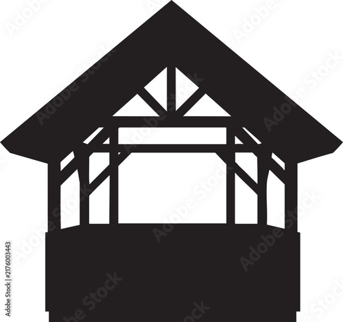 Black silhouette of a wooden gazebo with pitched roof structure
