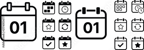 Black and white calendar icons set showing date 01 and schedule events