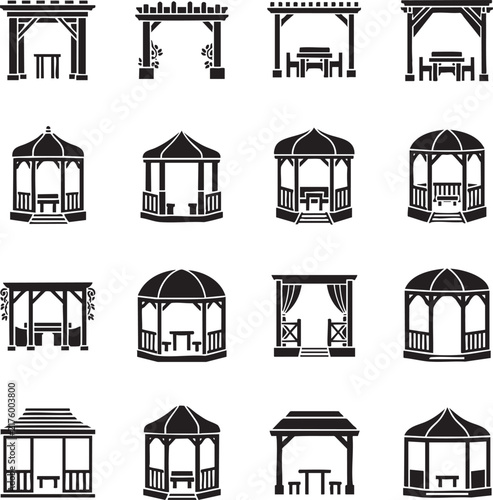 Collection of black silhouette icons featuring various gazebos