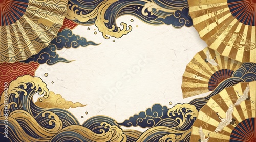 traditional asian background with golden folding fans, dark blue ocean waves and clouds. japanese frame concept. greeting card, banner, website header with copyspace.