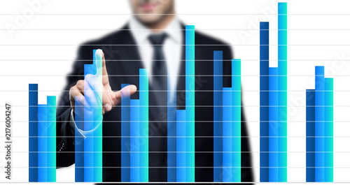 Businessman Touching Financial Bar Chart Isolated on Transparent Background
