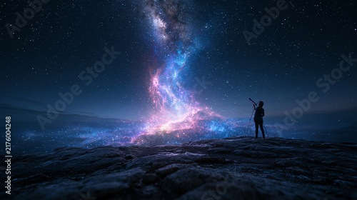 Stargazer Looking at Glowing Cosmic Nebula and Galaxy