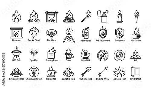 Modern Fire Safety Line Icons Set – Flame and Bonfire Editable Vector Icons