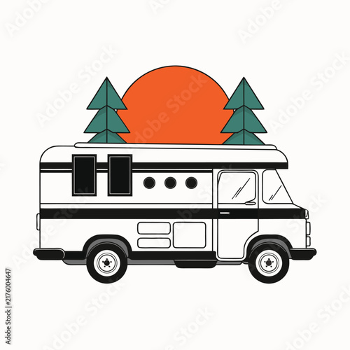  Vintage Recreational Camper Van Travel Illustration with Sunset and Pine Trees