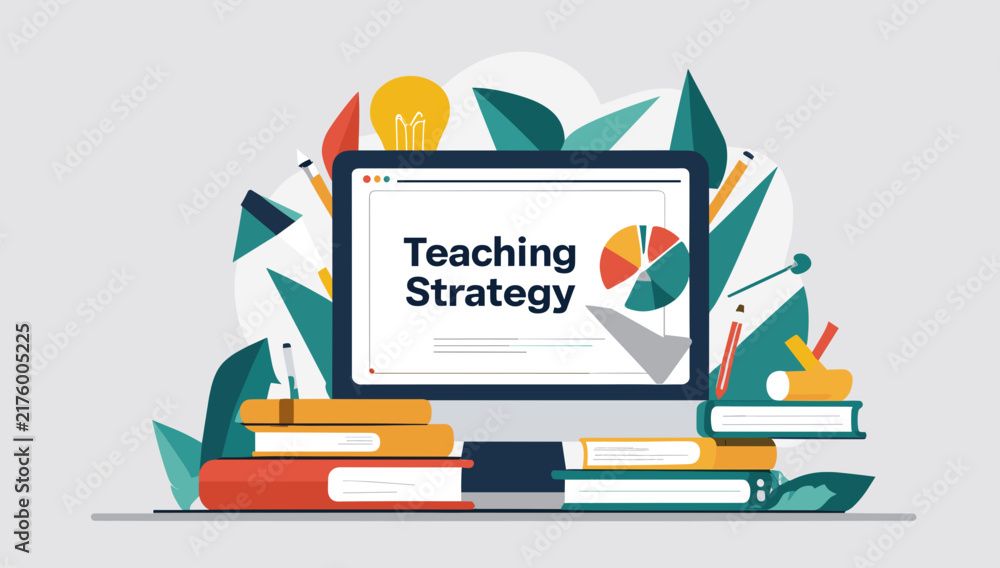 Fototapeta premium Modern flat vector illustration concept of teaching strategy with computer screen and books.