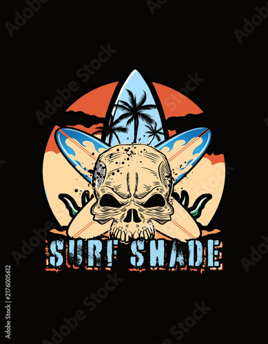 Orange Blue and Black Grunge Surf Skull T Shirt - 1