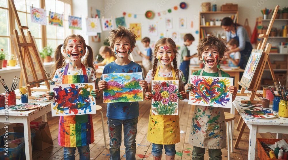 Naklejka premium Children holding the drawing boards they are displaying with their fingers painted and paint on them