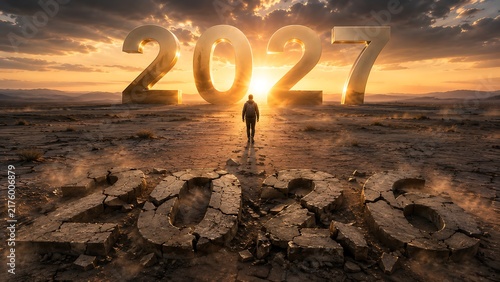 New Year 2027 Concept with Man Walking Towards Giant Golden 2027 Numbers Leaving Broken 2026 Behind at Sunrise
