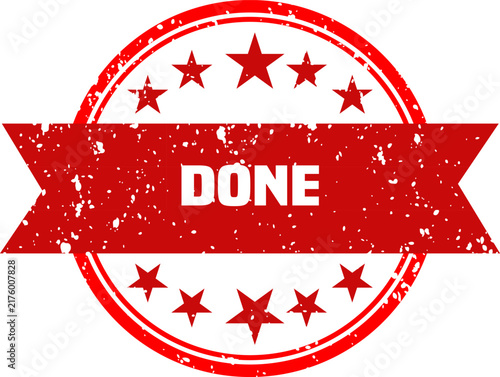 A red grunge style stamp displays the word done in the center against a clean white backdrop adorned with decorative stars and a flowing ribbon