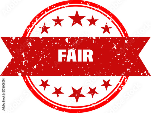 A bright red circular stamp features the word fair in bold lettering against a clean white backdrop representing concepts of justice and equal treatment for