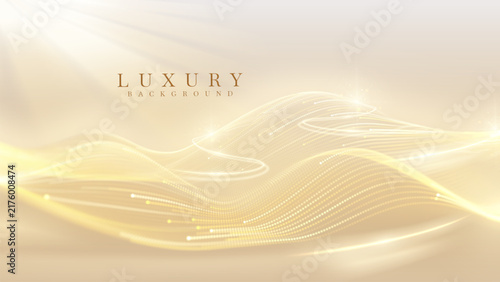 Luxury Gold Background With Abstract Wave Line And Smooth Light Glow Sparkle Dot Particle Flow Stream Wealth Elegant Premium Beige Space Graphic Design Art Cosmetic Template. Vector Illustration.