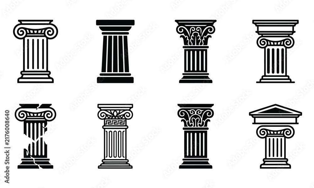 Obraz premium Ancient architectural columns collection black classic stone pillars.