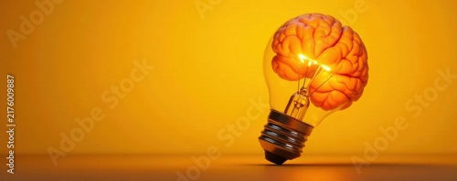 Glowing lightbulb with brain, vibrant yellow backdrop, discovery, inspiration, lightbulb