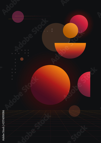 Gradient circles with a horizon grid. Modern gradient poster on a dark background.