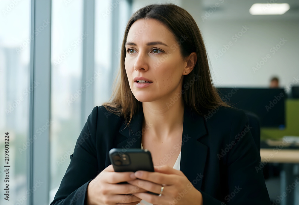 Obraz premium Workplace communication and corporate connectivity, professional woman using smartphone in modern office for business networking and digital engagement