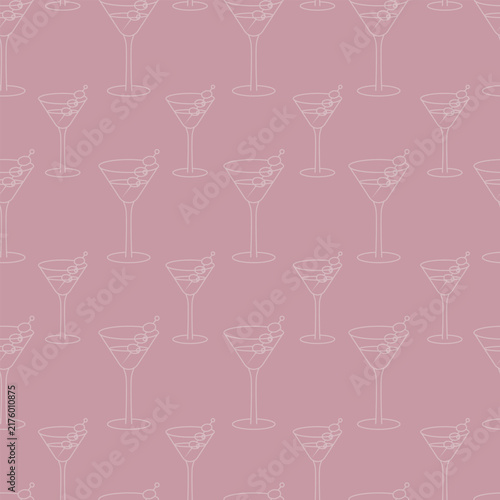 Martini garnished with olives on a skewer. Repeating pattern. Seamles isolated dusty pink background