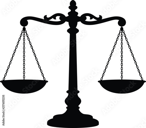 Scales of justice silhouette against a white background depicts balance and legal concepts