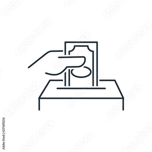 Vector linear icon  a human hand putting a  currency bill into a donation box slot.  Charity donation, cash deposit, money saving box, fundraising contribution, cash payment, financial support. 