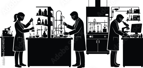 Laboratory scientists conducting experiments with glassware and equipment black silhouette