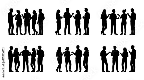 Silhouette Group Conversations, Business Meeting Icons, Diverse People Talking Vector Set, Communication Dialogue Graphics