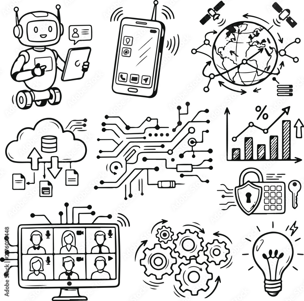 Fototapeta premium Hand drawn collection of modern technology and digital innovation concepts in black and white