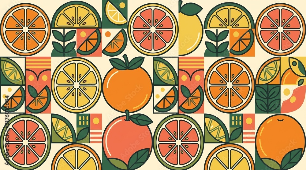 Retro Citrus Fruit Seamless Pattern with Oranges and Lemons in Mid-Century Modern Style