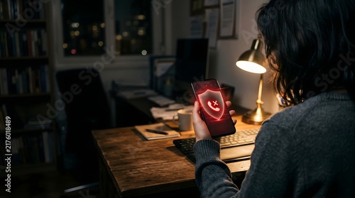 Woman holding smartphone displaying security shield and red X symbol for scam or blocked call at home