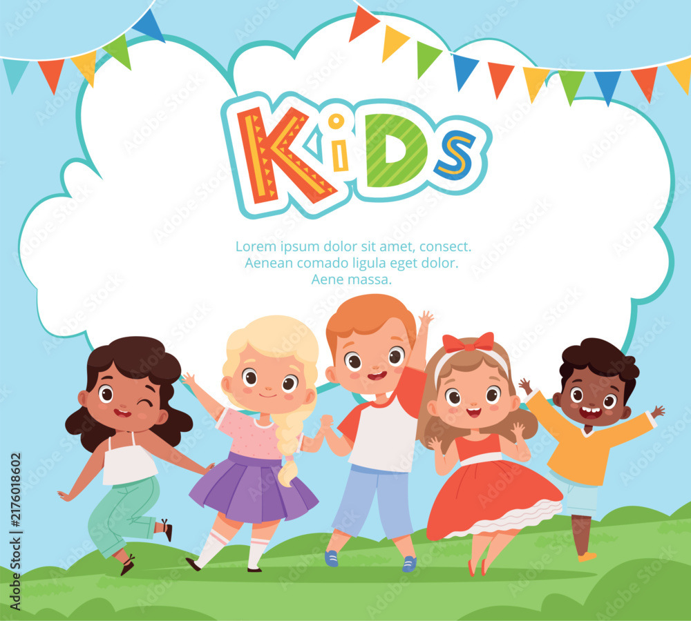 Naklejka premium Happy kids jumping with bunting banner web template