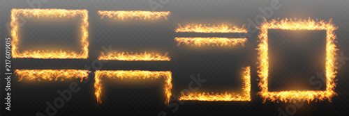 Realistic collection of fire borders frames and glowing line effects