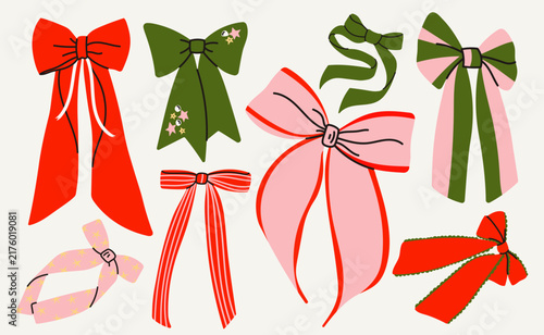 Canvastavla Set of eight Christmas ribbon bows with long tails, striped details, star patterns and scalloped trim