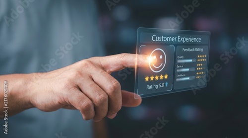Obraz na płótnie Customer experience feedback interface with star rating and smiley face.