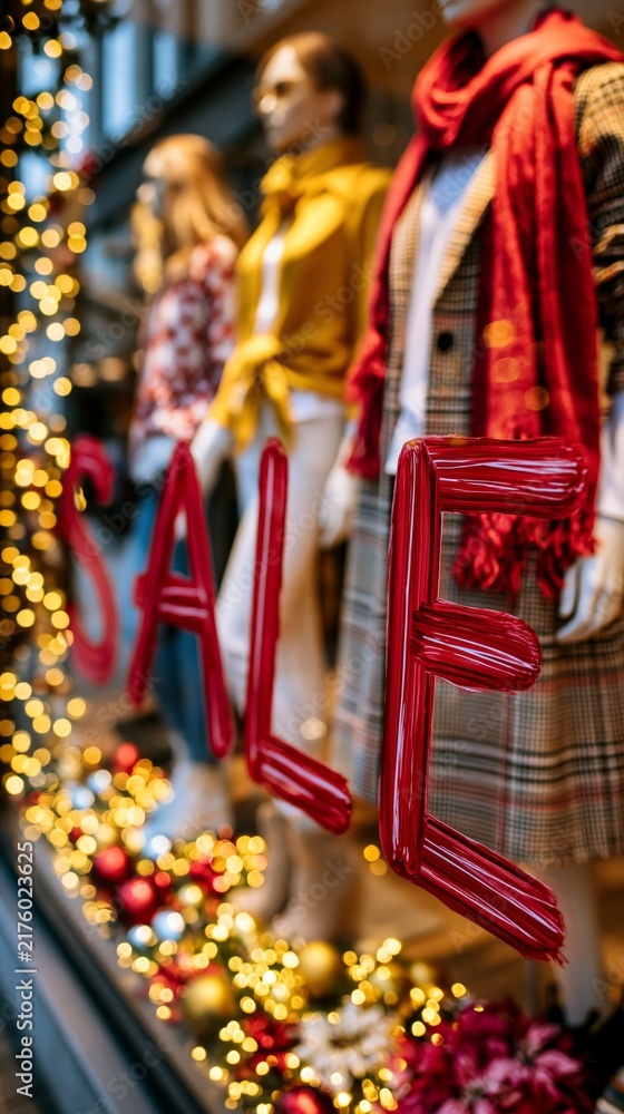 Obraz premium Festive holiday store window display featuring mannequins in stylish winter outfits, red 'SALE' letters, and warm golden lights with Christmas decorations.