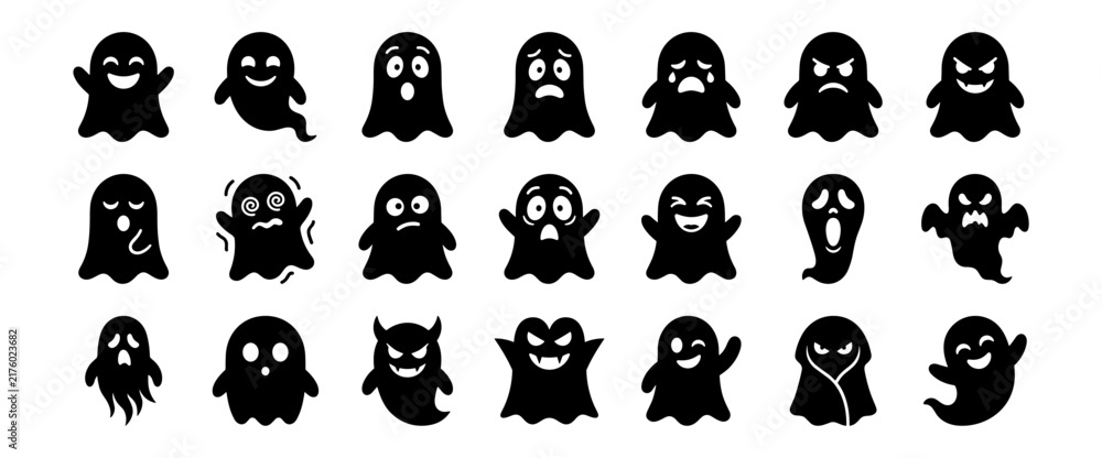 Obraz premium ghost emoticon silhouette vector icon set for halloween and digital communication on transparent background