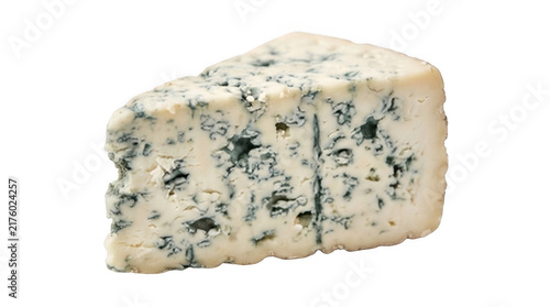 Cuadro en lienzo A single slice of fresh blue cheese with mold spots isolated on a simple plain s