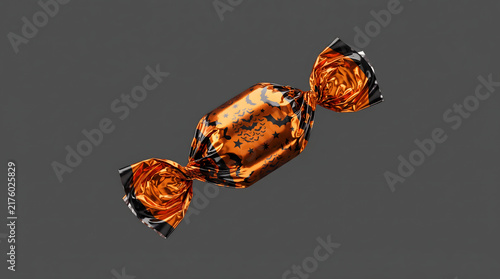 Festive Halloween sweet candy wrapped in shiny orange foil with spooky patterns isolated on solid background