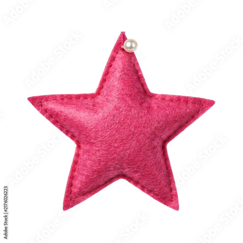 Pink felt star ornament with stitched edges and a small white pearl bead isolated on a transparent background