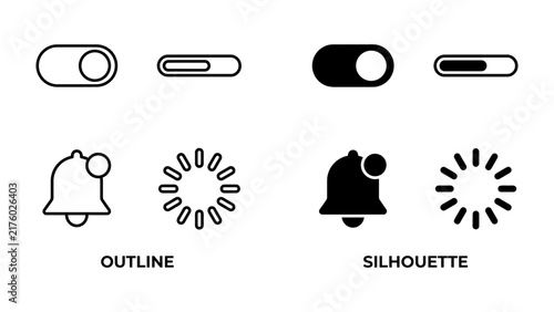 UI Elements Icons: A collection of outline and silhouette icons depicting toggle switches, loading indicators, and notification bells, representing common user interface controls and status updates.