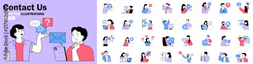 Contact us flat concepts with people mega set. Collection scenes of featuring customer support, live chat, email, phone calls, help desk, feedback, communication. Bundle vector illustrations.