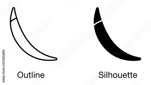 Bild auf Leinwand Banana Outline and Silhouette: Two simplified representations of a banana, one as a black outline and the other as a solid black silhouette, presented side by side for graphic design comparison