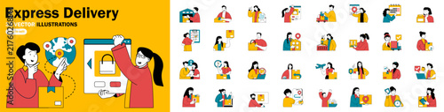 Express delivery flat concepts with people mega set. Collection scenes of featuring order tracking, courier service, shipping, logistics, pickup and fast delivery. Bundle vector illustrations.